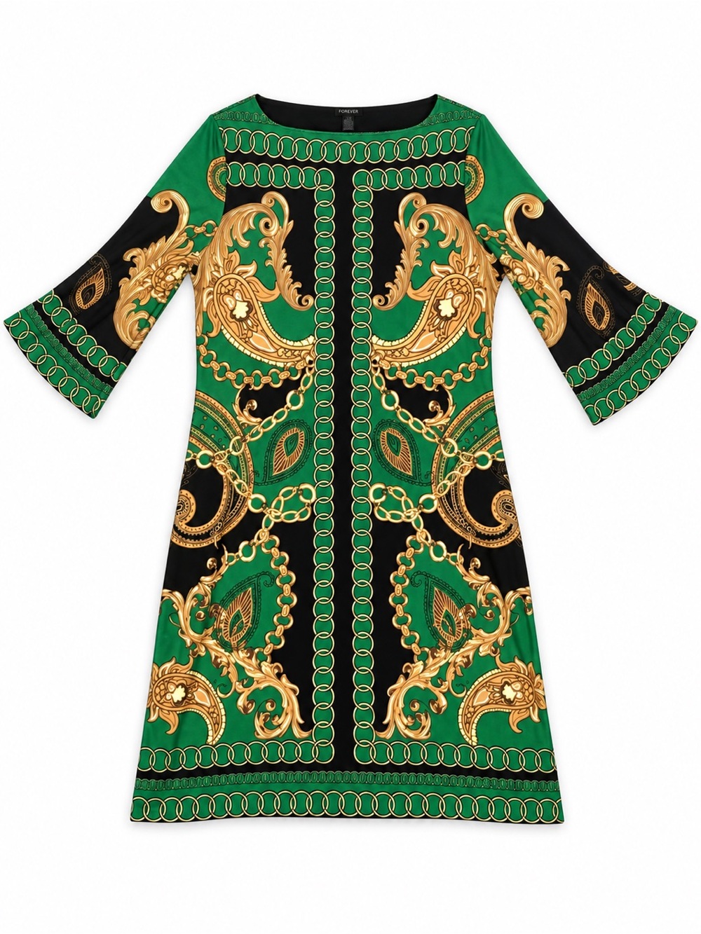 Forever 21 Green, Black & Gold Baroque Print Long Sleeve Dress